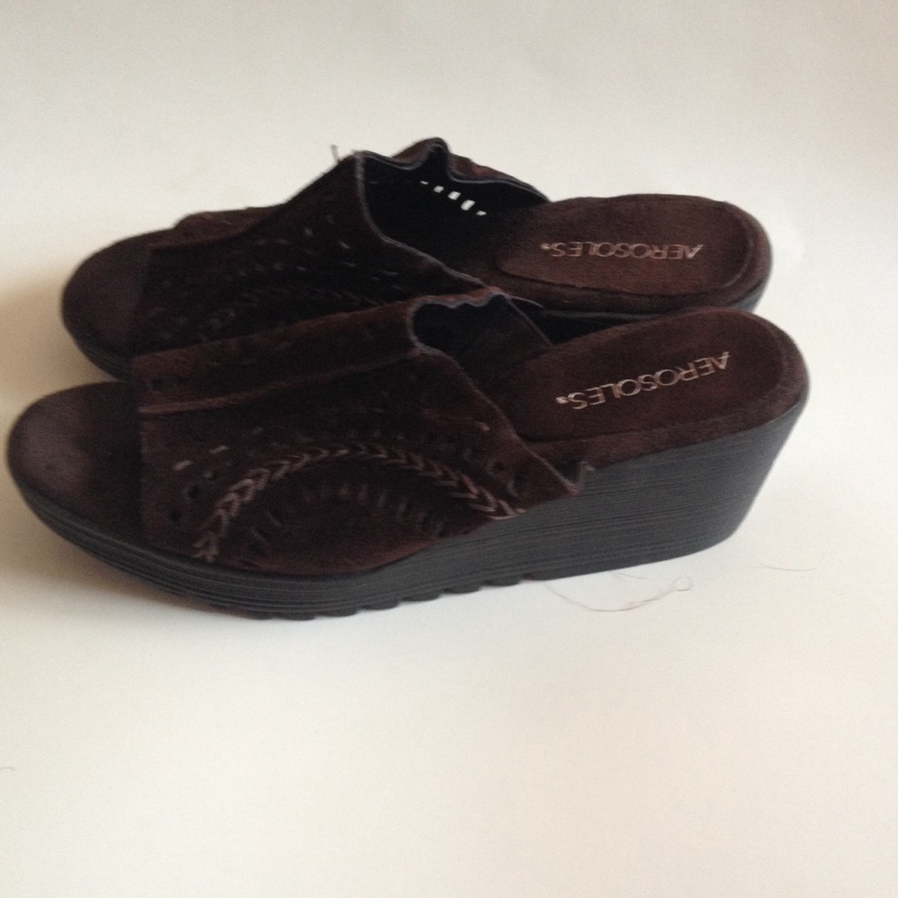 Aerosoles dark brown suede wedge slides